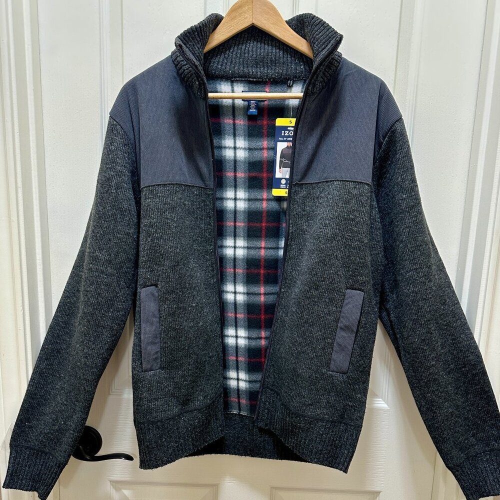 Izod Men's Full Zip Lined Sweater Size Small Grey Relaxed Fit Stretch Warm (NEW)
